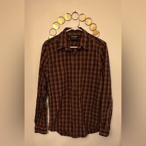 FILSON Mens Size Small Plaid Long Sleeved Button Down Shirt Brown  Red and Blue